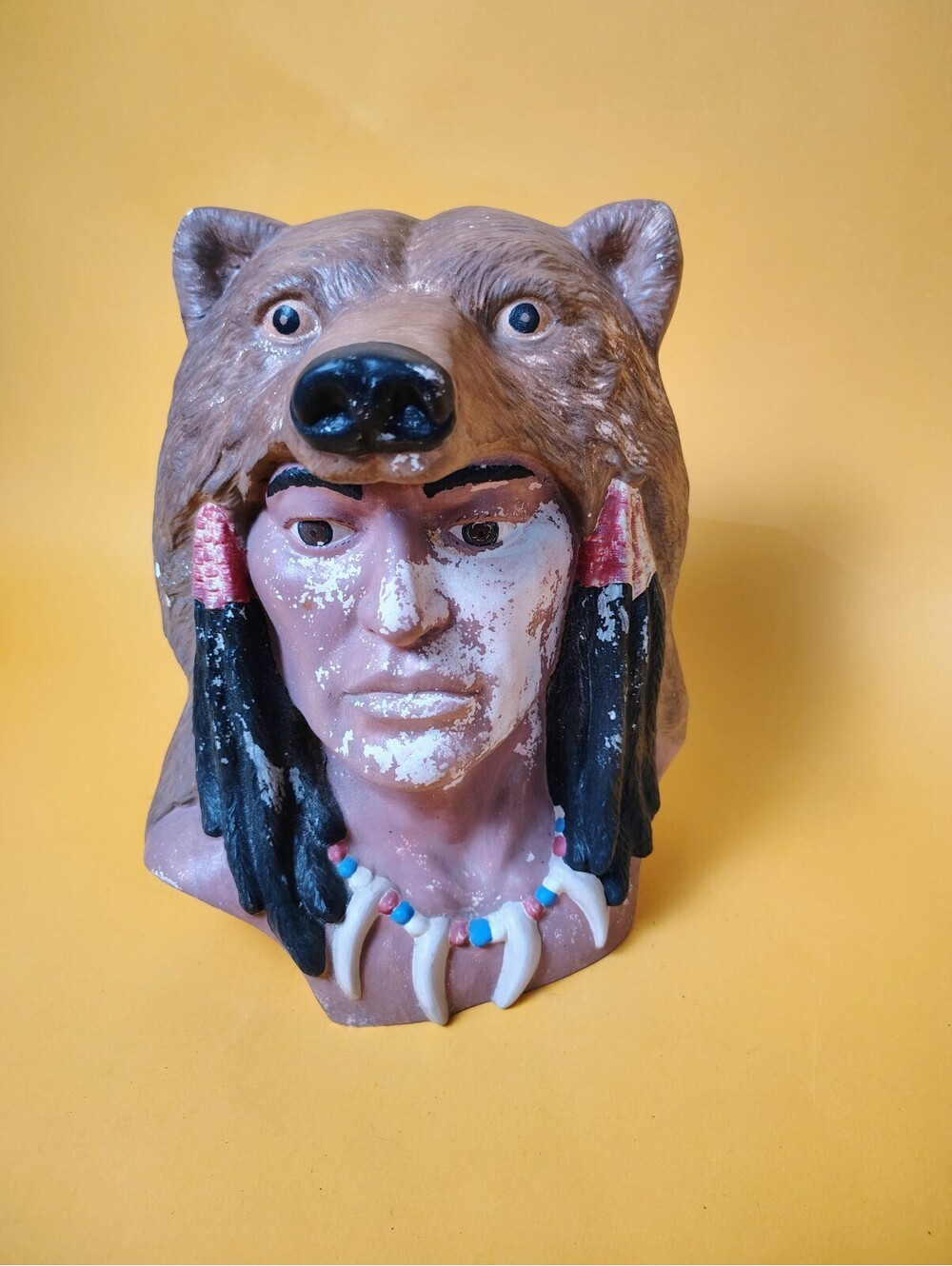 Vintage Native American Warrior Bust Statue Bear Headdress Ceramic Sculpture 11"